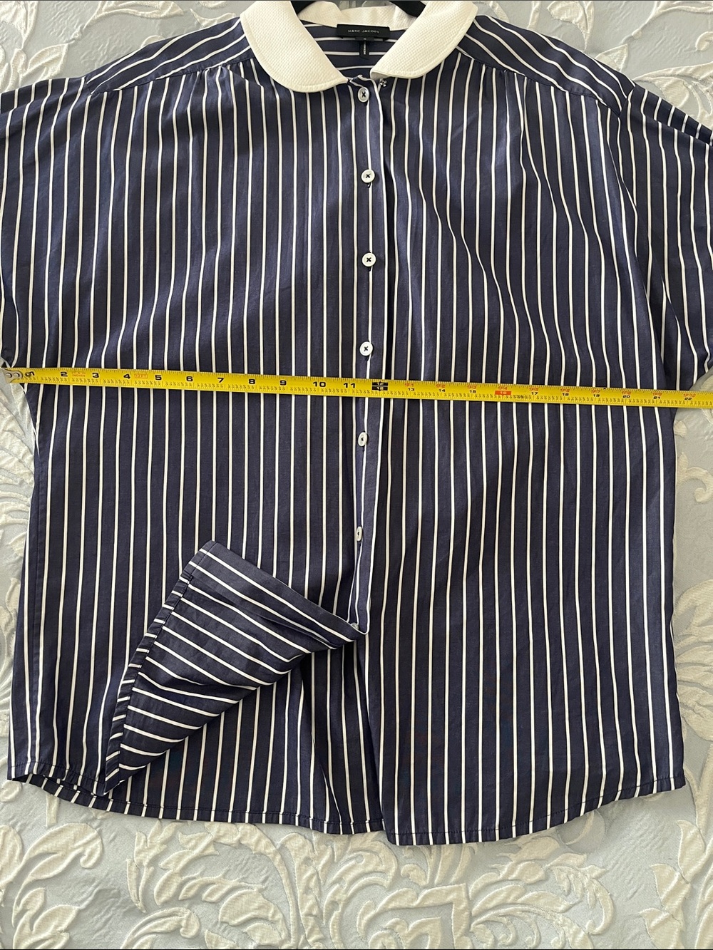 Striped Navy Button-Down Shirt with Contrast White Collar French cuffs oversized - Picture 5 of 13